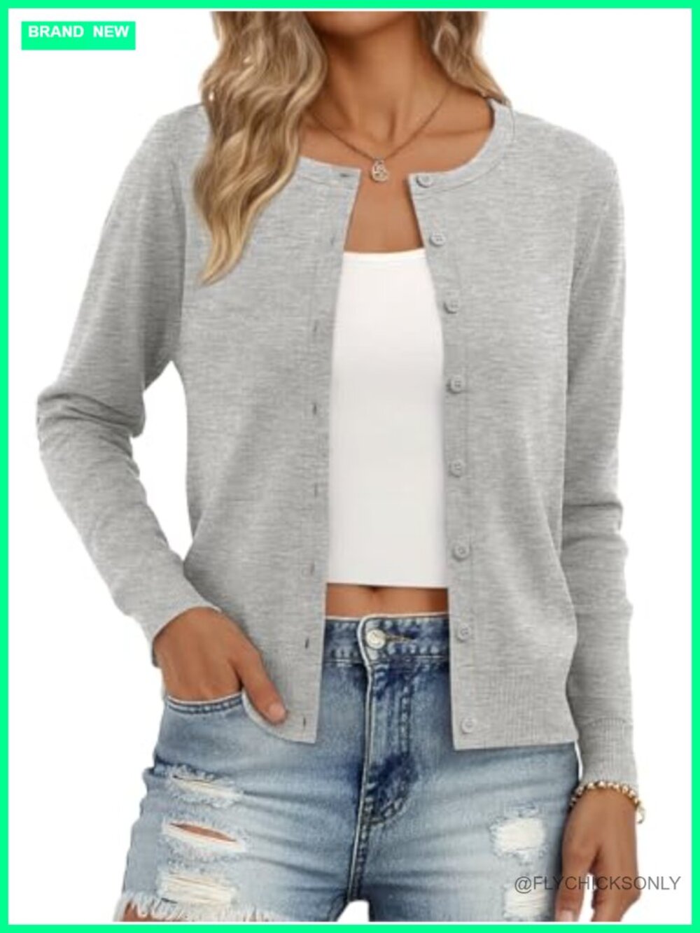Women's Lightweight Knit Cardigan Button Long Sleeve Crew Neck Sweater